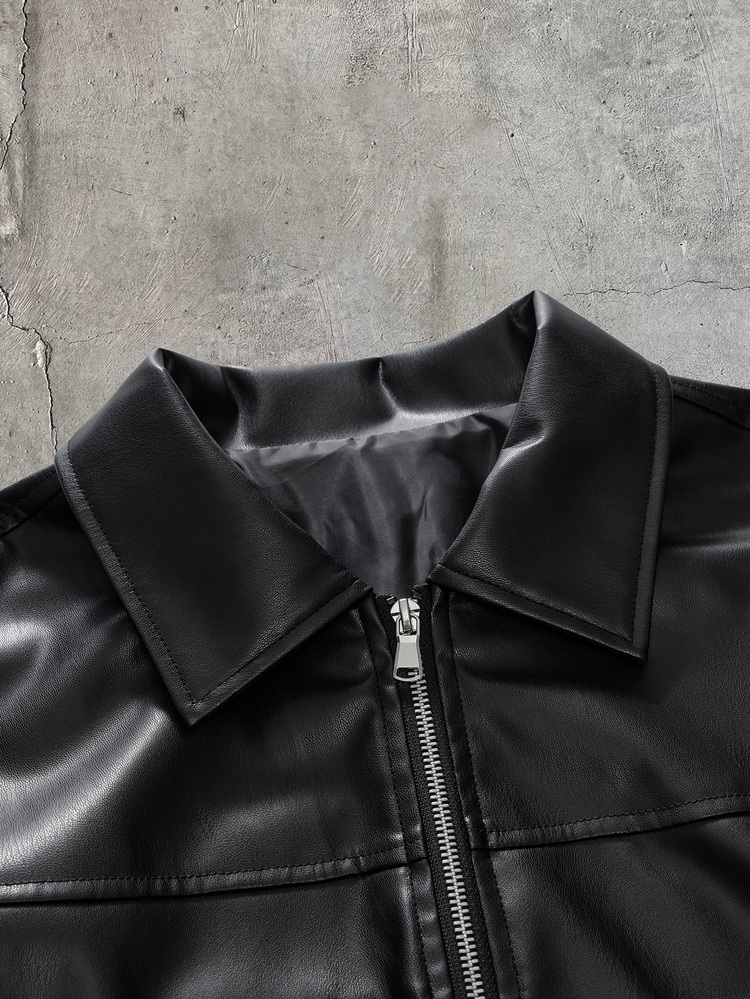 AXEPEAK Men's Solid Color Long Sleeve Zipper Front PU Leather Jacket - Black - View 5