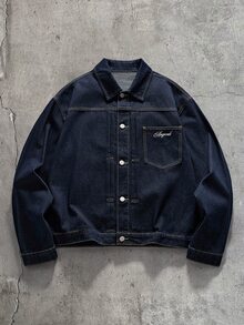 AXEPEAK 男士水洗時尚刺繡雷射雕刻長袖上衣 - 深色水洗藍 - 查看 2