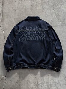 AXEPEAK 男士水洗時尚刺繡雷射雕刻長袖上衣 - 深色水洗藍 - 查看 3