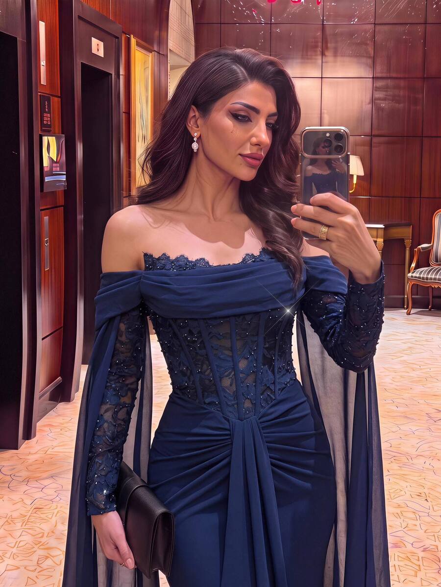 Glamrae Elegant Navy Blue Off-Shoulder Neckline Romantic Lace Trim ...