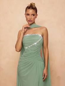 Lumalex Elegant Minimalist High-Stretch Mesh Strapless Dress With Beaded Rhinestone Decor, Ruched Waist, Slimming A-Line Mermaid Skirt, Detachable Halter Drape, Suitable For Date, Bachelorette Party, Wedding, Event, Heavy Embellished Evening Gown - Green - View 6