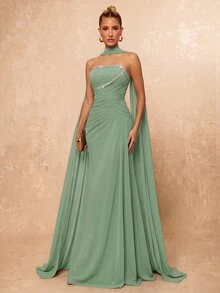Lumalex Elegant Minimalist High-Stretch Mesh Strapless Dress With Beaded Rhinestone Decor, Ruched Waist, Slimming A-Line Mermaid Skirt, Detachable Halter Drape, Suitable For Date, Bachelorette Party, Wedding, Event, Heavy Embellished Evening Gown - Green - View 3