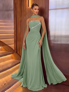 Lumalex Elegant Minimalist High-Stretch Mesh Strapless Dress With Beaded Rhinestone Decor, Ruched Waist, Slimming A-Line Mermaid Skirt, Detachable Halter Drape, Suitable For Date, Bachelorette Party, Wedding, Event, Heavy Embellished Evening Gown - Green - View 5