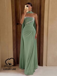 Lumalex Elegant Minimalist High-Stretch Mesh Strapless Dress With Beaded Rhinestone Decor, Ruched Waist, Slimming A-Line Mermaid Skirt, Detachable Halter Drape, Suitable For Date, Bachelorette Party, Wedding, Event, Heavy Embellished Evening Gown - Green - View 1