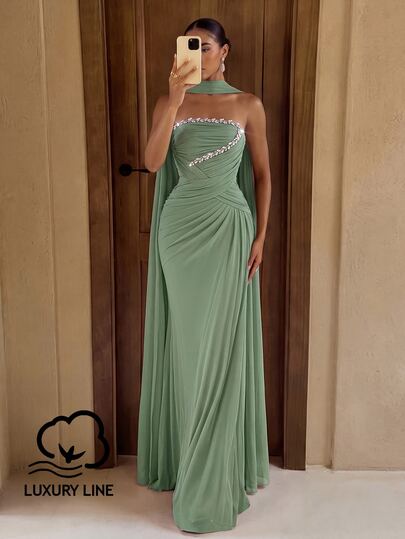 Lumalex Elegant Minimalist High-Stretch Mesh Strapless Dress With Beaded Rhinestone Decor, Ruched Waist, Slimming A-Line Mermaid Skirt, Detachable Halter Drape, Suitable For Date, Bachelorette Party, Wedding, Event, Heavy Embellished Evening Gown