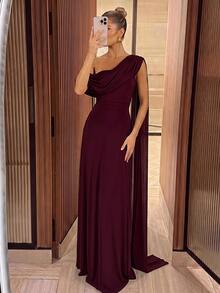 Lumalex Elegant Formal Angora Mesh One-Shoulder Ruched Decor A-Line Long Dress For Women, Wedding Evening Party, Bridesmaid Gown Spring - Burgundy - View 2