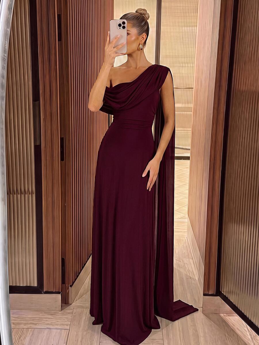 Lumalex Elegant Formal Angora Mesh One-Shoulder Ruched Decor A-Line Long Dress For Women, Wedding Evening Party, Bridesmaid Gown Spring