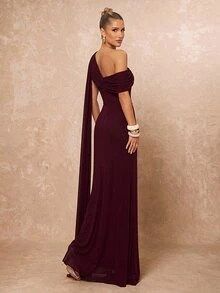 Lumalex Elegant Formal Angora Mesh One-Shoulder Ruched Decor A-Line Long Dress For Women, Wedding Evening Party, Bridesmaid Gown Spring - Burgundy - View 7