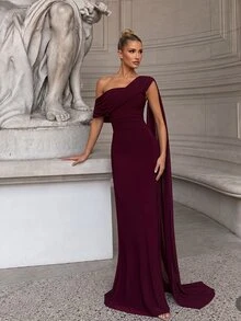 Lumalex Elegant Formal Angora Mesh One-Shoulder Ruched Decor A-Line Long Dress For Women, Wedding Evening Party, Bridesmaid Gown Spring - Burgundy - View 5