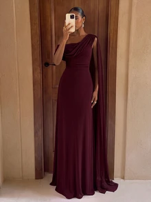 Lumalex Elegant Formal Angora Mesh One-Shoulder Ruched Decor A-Line Long Dress For Women, Wedding Evening Party, Bridesmaid Gown Spring - Burgundy - View 3