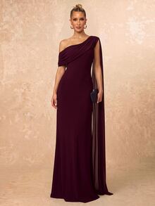 Lumalex Elegant Formal Angora Mesh One-Shoulder Ruched Decor A-Line Long Dress For Women, Wedding Evening Party, Bridesmaid Gown Spring - Burgundy - View 6