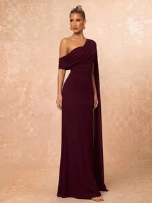 Lumalex Elegant Formal Angora Mesh One-Shoulder Ruched Decor A-Line Long Dress For Women, Wedding Evening Party, Bridesmaid Gown Spring - Burgundy - View 8