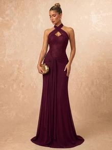 Lumalex Gaun Formal Elegan Mewah Ankara Burgundy Payet Manik-manik Renda Bordir Patchwork Berkerut Leher Halter Model Duyung Seksi Tanpa Punggung untuk Pernikahan, Prom, dan Acara Pengakuan Janji Pernikahan Musim Semi - Purple - View 3