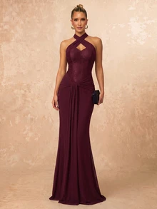 Lumalex Gaun Formal Elegan Mewah Ankara Burgundy Payet Manik-manik Renda Bordir Patchwork Berkerut Leher Halter Model Duyung Seksi Tanpa Punggung untuk Pernikahan, Prom, dan Acara Pengakuan Janji Pernikahan Musim Semi - Purple - View 6