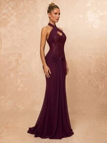 Lumalex Gaun Formal Elegan Mewah Ankara Burgundy Payet Manik-manik Renda Bordir Patchwork Berkerut Leher Halter Model Duyung Seksi Tanpa Punggung untuk Pernikahan, Prom, dan Acara Pengakuan Janji Pernikahan Musim Semi - Purple - View 5