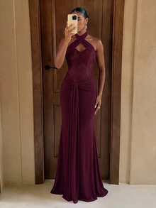 Lumalex Gaun Formal Elegan Mewah Ankara Burgundy Payet Manik-manik Renda Bordir Patchwork Berkerut Leher Halter Model Duyung Seksi Tanpa Punggung untuk Pernikahan, Prom, dan Acara Pengakuan Janji Pernikahan Musim Semi - Purple - View 1