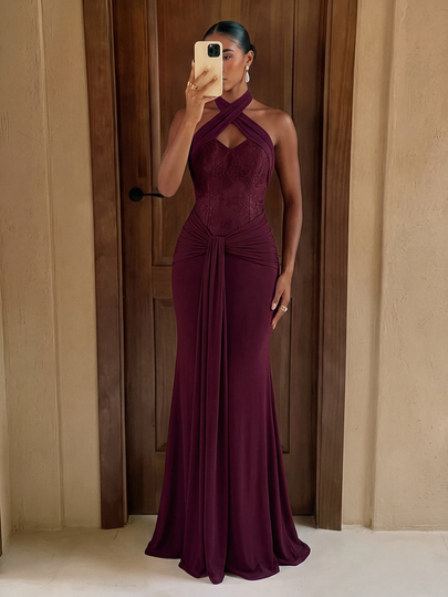 Lumalex Elegant Formal Luxurious Ankara Burgundy Sequin Beaded Lace Embroide Patchwork Ruched Halter Neck Mermaid Dress Sexy Backless Wedding Prom Vow Spring