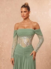 Lumalex Formell klänning i mesh med off-shoulder och rynkning - Grön - Visa 5