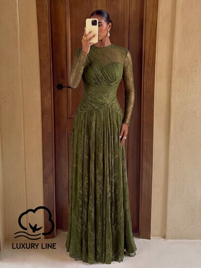 Lumalex Elegant Romantic Fashionable Graceful Lace Fabric Cup Pleated Decoration Pleated Hem Extra Large Skirt Elegant Party Dress Wedding Guest Dress Bachelorette Party Dress Formal Evening Gown