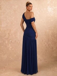 Lumalex 2026 New Elegant Deep Royal Blue Mesh One-Shoulder Slimming Ruched Asymmetrical Split A-Line High Slit Dress For Wedding Bridesmaid Formal - Navy Blue - View 2