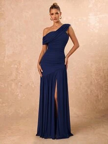 Lumalex 2026 New Elegant Deep Royal Blue Mesh One-Shoulder Slimming Ruched Asymmetrical Split A-Line High Slit Dress For Wedding Bridesmaid Formal - Navy Blue - View 5