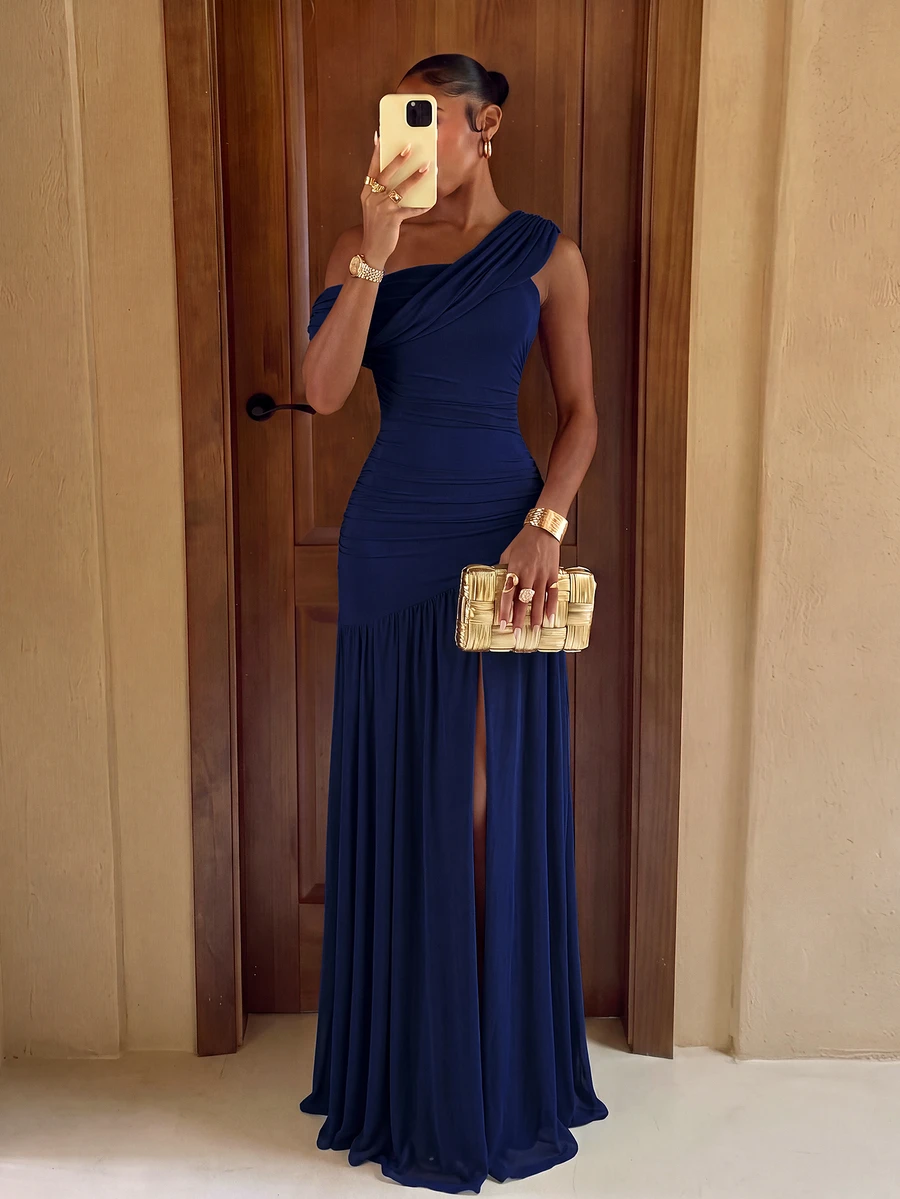 Lumalex 2026 New Elegant Deep Royal Blue Mesh One-Shoulder Slimming Ruched Asymmetrical Split A-Line High Slit Dress For Wedding Bridesmaid Formal - Navy Blue - View 1
