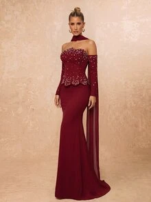Lumalex Elegant Romantic Dark Red (Includes Detachable Halter) Strapless Asymmetrical Neckline Luxury Pearl & Rhinestone Decor Fitted Mermaid Tail With Train Evening Gown Suitable For Wedding, Party, Celebration, Formal Event, Dinner (Intricate Design) - Burgundy - View 6