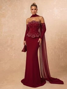 Lumalex Elegant Romantic Dark Red (Includes Detachable Halter) Strapless Asymmetrical Neckline Luxury Pearl & Rhinestone Decor Fitted Mermaid Tail With Train Evening Gown Suitable For Wedding, Party, Celebration, Formal Event, Dinner (Intricate Design) - Burgundy - View 5