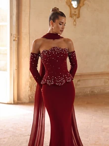 Lumalex Elegant Romantic Dark Red (Includes Detachable Halter) Strapless Asymmetrical Neckline Luxury Pearl & Rhinestone Decor Fitted Mermaid Tail With Train Evening Gown Suitable For Wedding, Party, Celebration, Formal Event, Dinner (Intricate Design) - Burgundy - View 3