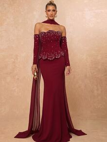 Lumalex Elegant Romantic Dark Red (Includes Detachable Halter) Strapless Asymmetrical Neckline Luxury Pearl & Rhinestone Decor Fitted Mermaid Tail With Train Evening Gown Suitable For Wedding, Party, Celebration, Formal Event, Dinner (Intricate Design) - Burgundy - View 7