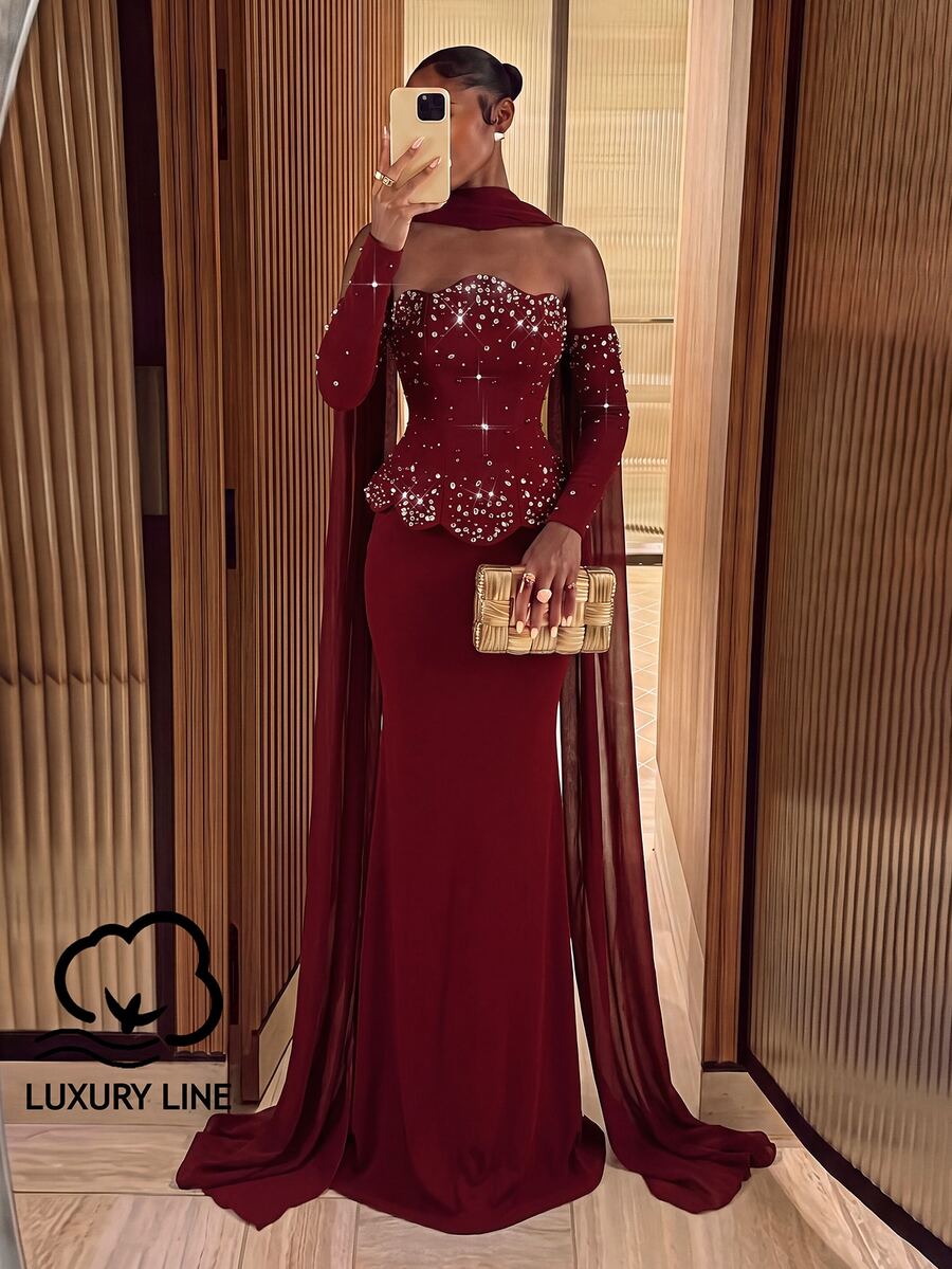Lumalex Elegant Romantic Dark Red (Includes Detachable Halter) Strapless Asymmetrical Neckline Luxury Pearl & Rhinestone Decor Fitted Mermaid Tail With Train Evening Gown Suitable For Wedding, Party, Celebration, Formal Event, Dinner (Intricate Design) - Burgundy - View 1