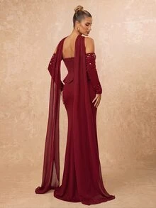 Lumalex Elegant Romantic Dark Red (Includes Detachable Halter) Strapless Asymmetrical Neckline Luxury Pearl & Rhinestone Decor Fitted Mermaid Tail With Train Evening Gown Suitable For Wedding, Party, Celebration, Formal Event, Dinner (Intricate Design) - Burgundy - View 2