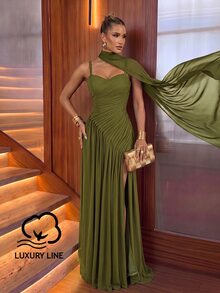 Lumalex Elegant Deep Grass Green High Elastic Mesh Knit Rope Shoulder Strap Cup Front Slimming Pleated Floor Length A-Line Skirt With Side Slit For - Army Green - View 2
