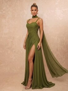Lumalex Elegant Deep Grass Green High Elastic Mesh Knit Rope Shoulder Strap Cup Front Slimming Pleated Floor Length A-Line Skirt With Side Slit For - Army Green - View 7