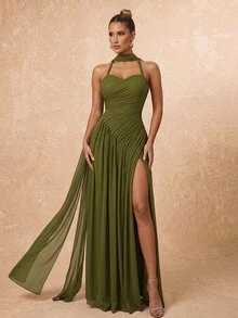 Lumalex Elegant Deep Grass Green High Elastic Mesh Knit Rope Shoulder Strap Cup Front Slimming Pleated Floor Length A-Line Skirt With Side Slit For - Army Green - View 3