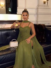 Lumalex Elegant Deep Grass Green High Elastic Mesh Knit Rope Shoulder Strap Cup Front Slimming Pleated Floor Length A-Line Skirt With Side Slit For - Army Green - View 4