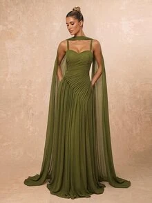 Lumalex Elegant Deep Grass Green High Elastic Mesh Knit Rope Shoulder Strap Cup Front Slimming Pleated Floor Length A-Line Skirt With Side Slit For - Army Green - View 5