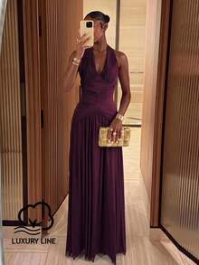 Lumalex Elegant Formal Romantic Fashion Stretch Mesh Halter Neck Ruched Decor A-Line Party Dinner Evening Wedding Guest Dress Burgundy Bridesmaid Spring - Purple - View 1