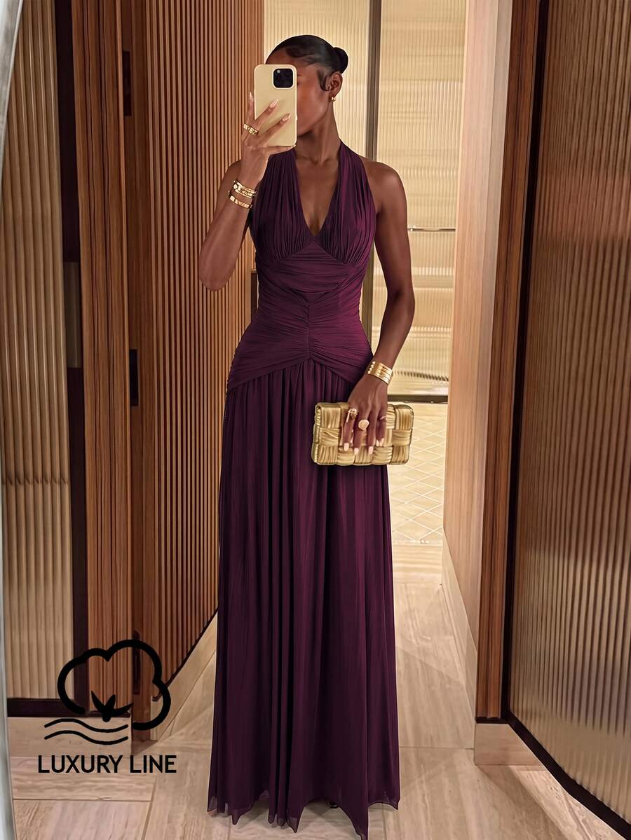 Lumalex Elegant Formal Romantic Fashion Stretch Mesh Halter Neck Ruched Decor A-Line Party Dinner Evening Wedding Guest Dress Burgundy Bridesmaid Spring - Purple - View 1
