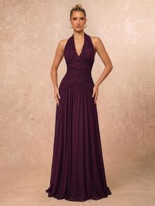 Lumalex Elegant Formal Romantic Fashion Stretch Mesh Halter Neck Ruched Decor A-Line Party Dinner Evening Wedding Guest Dress Burgundy Bridesmaid Spring - Purple - View 7