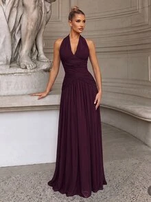 Lumalex Elegant Formal Romantic Fashion Stretch Mesh Halter Neck Ruched Decor A-Line Party Dinner Evening Wedding Guest Dress Burgundy Bridesmaid Spring - Purple - View 6