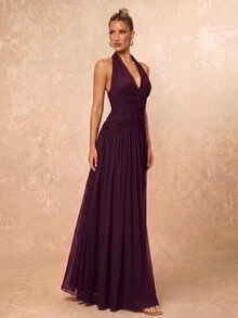 Lumalex Elegant Formal Romantic Fashion Stretch Mesh Halter Neck Ruched Decor A-Line Party Dinner Evening Wedding Guest Dress Burgundy Bridesmaid Spring - Purple - View 5