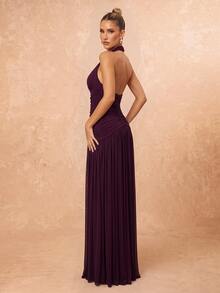 Lumalex Elegant Formal Romantic Fashion Stretch Mesh Halter Neck Ruched Decor A-Line Party Dinner Evening Wedding Guest Dress Burgundy Bridesmaid Spring - Purple - View 2