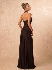 Lumalex Elegant, , Fashionable Elastic Mesh Halter Neck Ruched Decor A-Line Dress, Party Wedding Guest Orange Color, And Graceful Bridesmaid - Coffee Brown - View 5