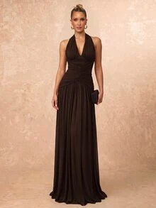 Lumalex Elegant, , Fashionable Elastic Mesh Halter Neck Ruched Decor A-Line Dress, Party Wedding Guest Orange Color, And Graceful Bridesmaid - Coffee Brown - View 3