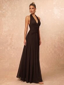 Lumalex Elegant, , Fashionable Elastic Mesh Halter Neck Ruched Decor A-Line Dress, Party Wedding Guest Orange Color, And Graceful Bridesmaid - Coffee Brown - View 6
