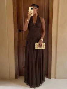 Lumalex Elegant, , Fashionable Elastic Mesh Halter Neck Ruched Decor A-Line Dress, Party Wedding Guest Orange Color, And Graceful Bridesmaid - Coffee Brown - View 7