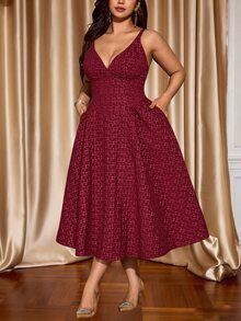 Auvina Plus Size Women's V-Neck Spaghetti Strap Cinched Waist A-Line Elegant Party Textured Fabric Dress - Burgundy - View 5