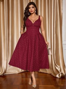 Auvina Plus Size Women's V-Neck Spaghetti Strap Cinched Waist A-Line Elegant Party Textured Fabric Dress - Burgundy - View 6