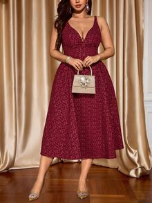 Auvina Plus Size Women's V-Neck Spaghetti Strap Cinched Waist A-Line Elegant Party Textured Fabric Dress - Burgundy - View 7